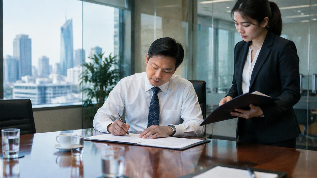 กรรมการบริษัทลงนามเอกสารในห้องประชุมกระจก มีเพื่อนร่วมงานถือแฟ้มยืนข้าง ๆ