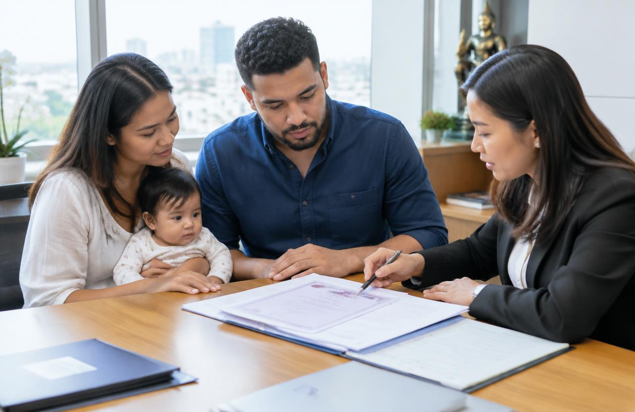 Thai-Dominican family with baby reviewing birth documents with a lawyer