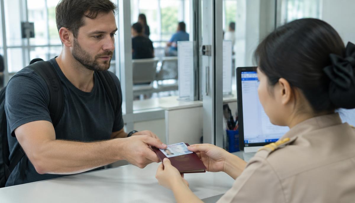 Foreign resident handing over a driving licence and passport to convert to a Thai licence