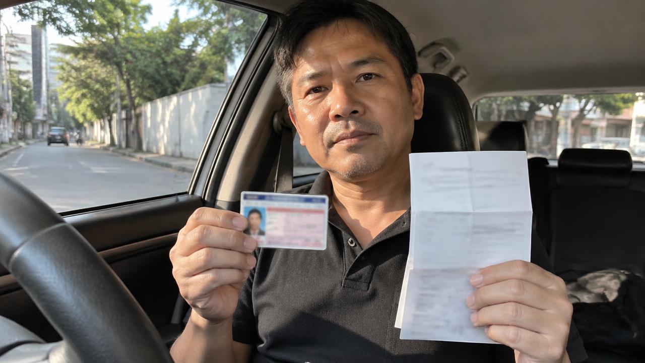 ชายไทยนั่งในรถ ถือบัตรใบขับขี่และกระดาษคำแปล