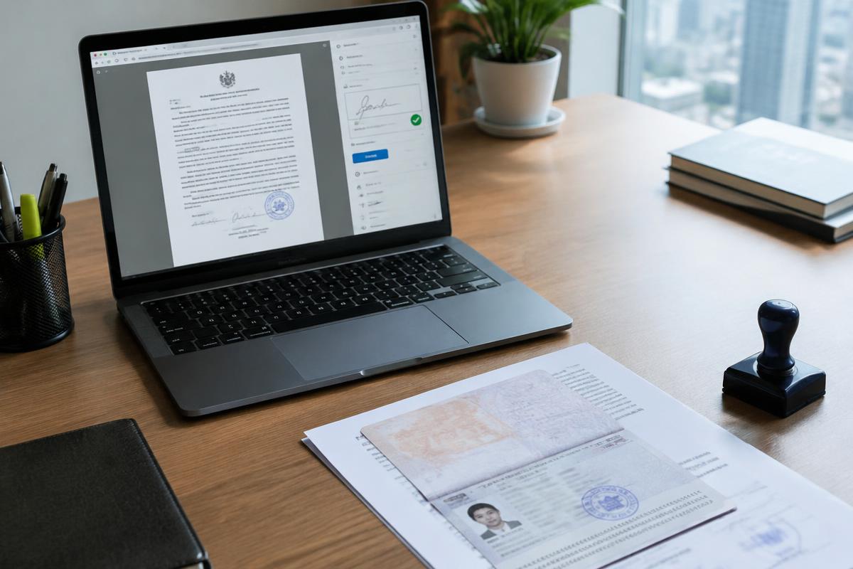 สัญญา PDF ที่มีช่องลายมือชื่ออิเล็กทรอนิกส์ วางคู่กับสำเนาหนังสือเดินทางและตรายาง