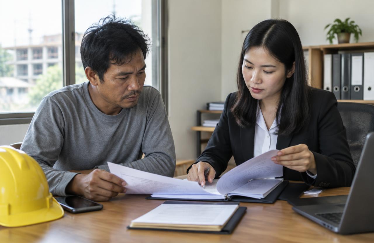 Thai contractor reviewing company documents with a lawyer