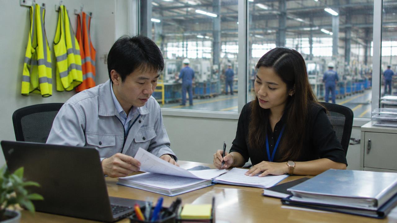 วิศวกรชาวญี่ปุ่นและเจ้าหน้าที่ฝ่ายบุคคลชาวไทยตรวจเอกสารในห้องทำงานโรงงาน มีเสื้อสะท้อนแสงแขวนผนังและสายการผลิตด้านหลังกระจก