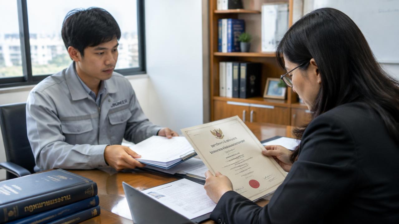 Thai engineer handing employment and degree documents to a lawyer for review
