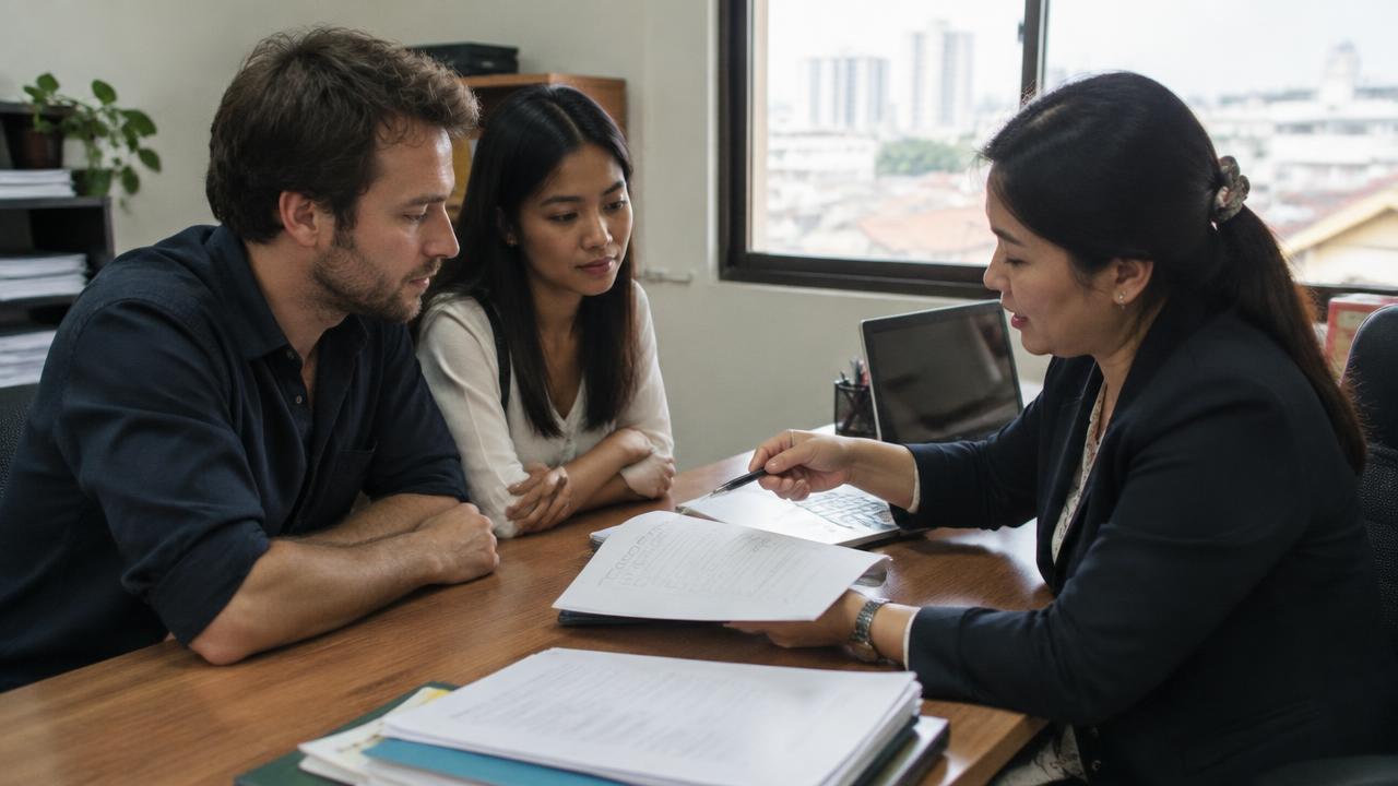 Consultant walking an expat couple through a document checklist at an office desk in Bangkok