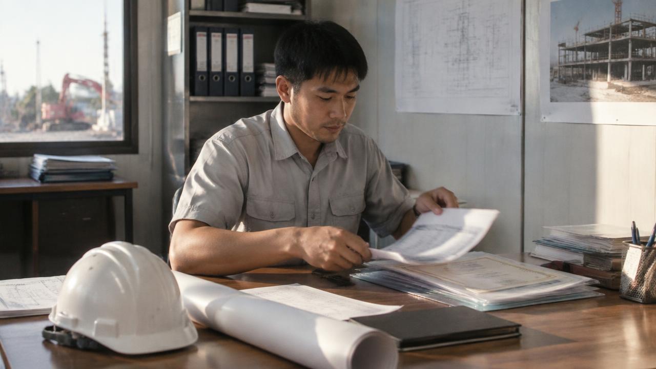 วิศวกรชายในสำนักงานไซต์งานคัดแยกใบแสดงผลการเรียนและใบรับรองใส่แฟ้ม ข้างหมวกนิรภัยและแบบก่อสร้าง