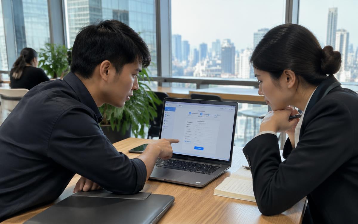 Thai software developer showing an online company registration screen to a lawyer