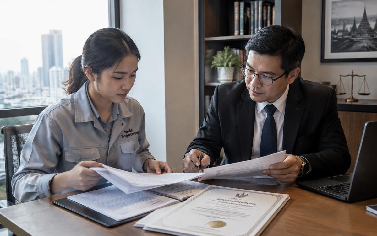 Thai textile engineer reviewing employment documents with a lawyer