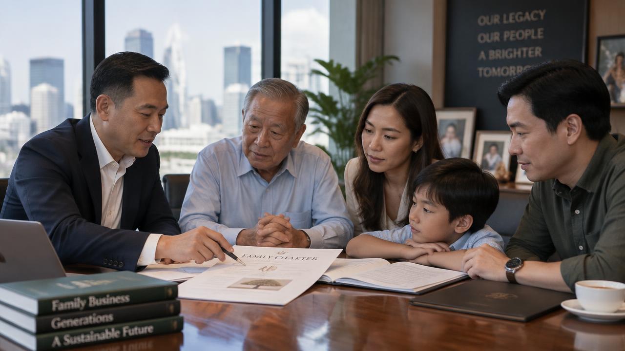 สามรุ่นของครอบครัวเจ้าของกิจการนั่งทบทวนธรรมนูญครอบครัวกับที่ปรึกษากฎหมายในห้องประชุม