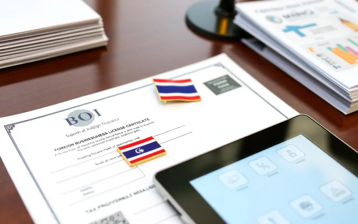 Foreign Business License and BOI certificate — Thai flag pin, investment charts, and tax privilege icons