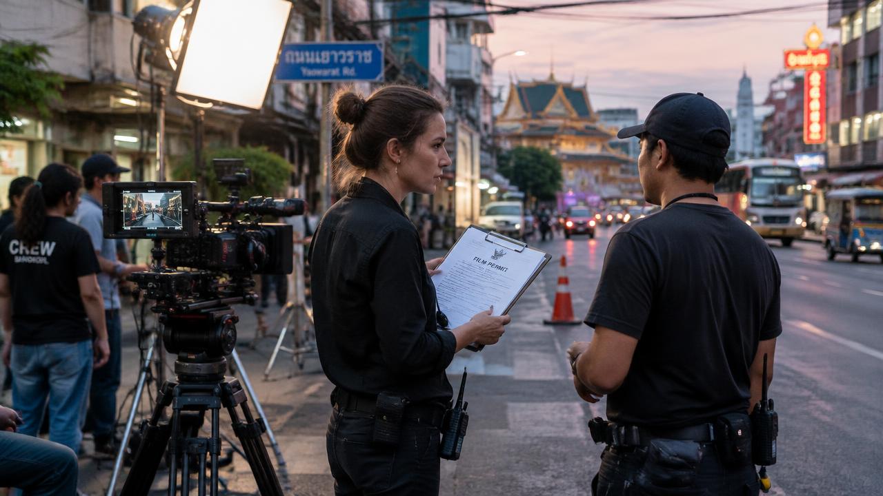 โปรดิวเซอร์ถือเอกสารใบอนุญาตถ่ายทำคุยกับทีมงานในกองถ่ายย่านเยาวราช
