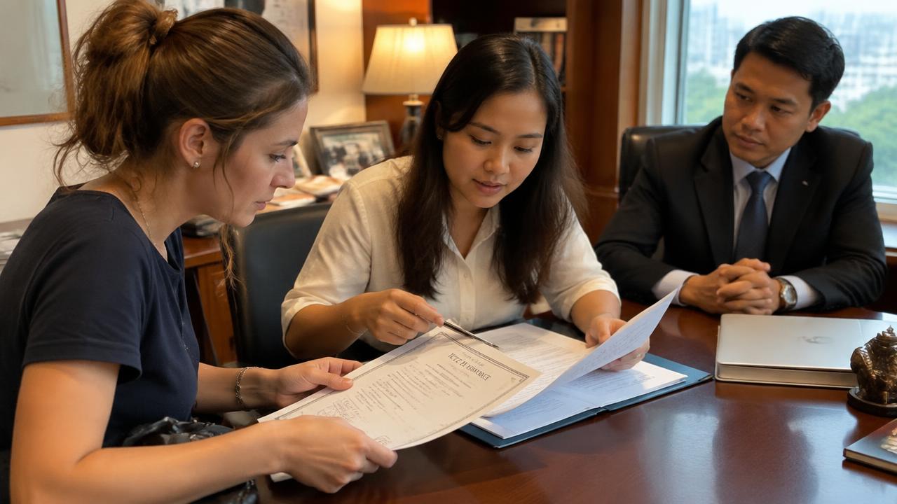 French woman and translator comparing a birth certificate with its translation as a lawyer looks on