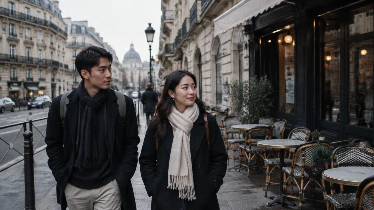 คู่รักชาวไทยเดินเล่นบนถนนในปารีสผ่านร้านกาแฟริมทาง ในวันฟ้าครึ้ม