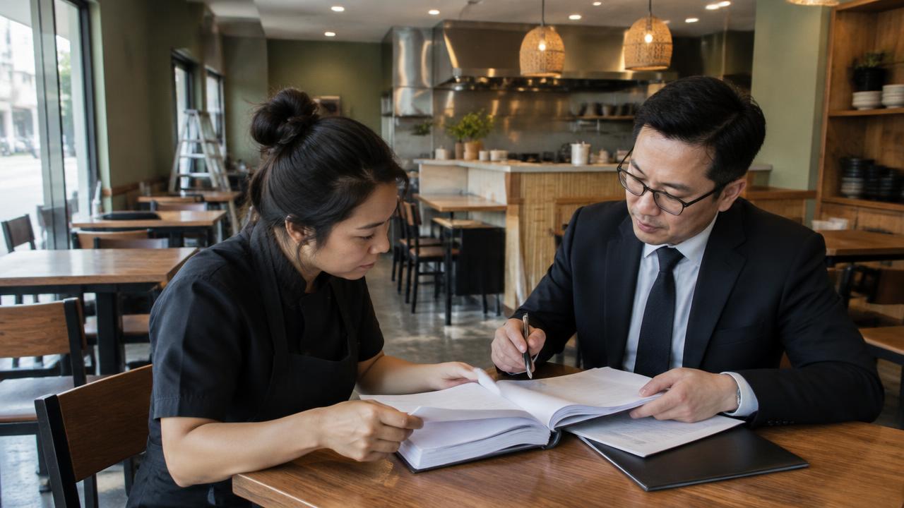 เจ้าของแฟรนไชส์ร้านอาหารตรวจคู่มือปฏิบัติงานและสัญญากับทนายความในร้านก่อนเปิด