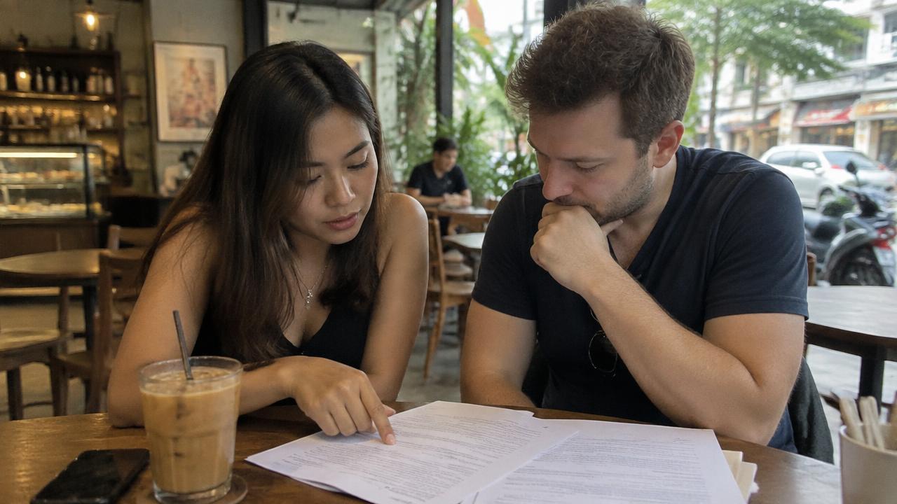 หญิงไทยกับคู่หมั้นชาวต่างชาตินั่งอ่านแบบฟอร์มด้วยกันในร้านกาแฟกรุงเทพฯ