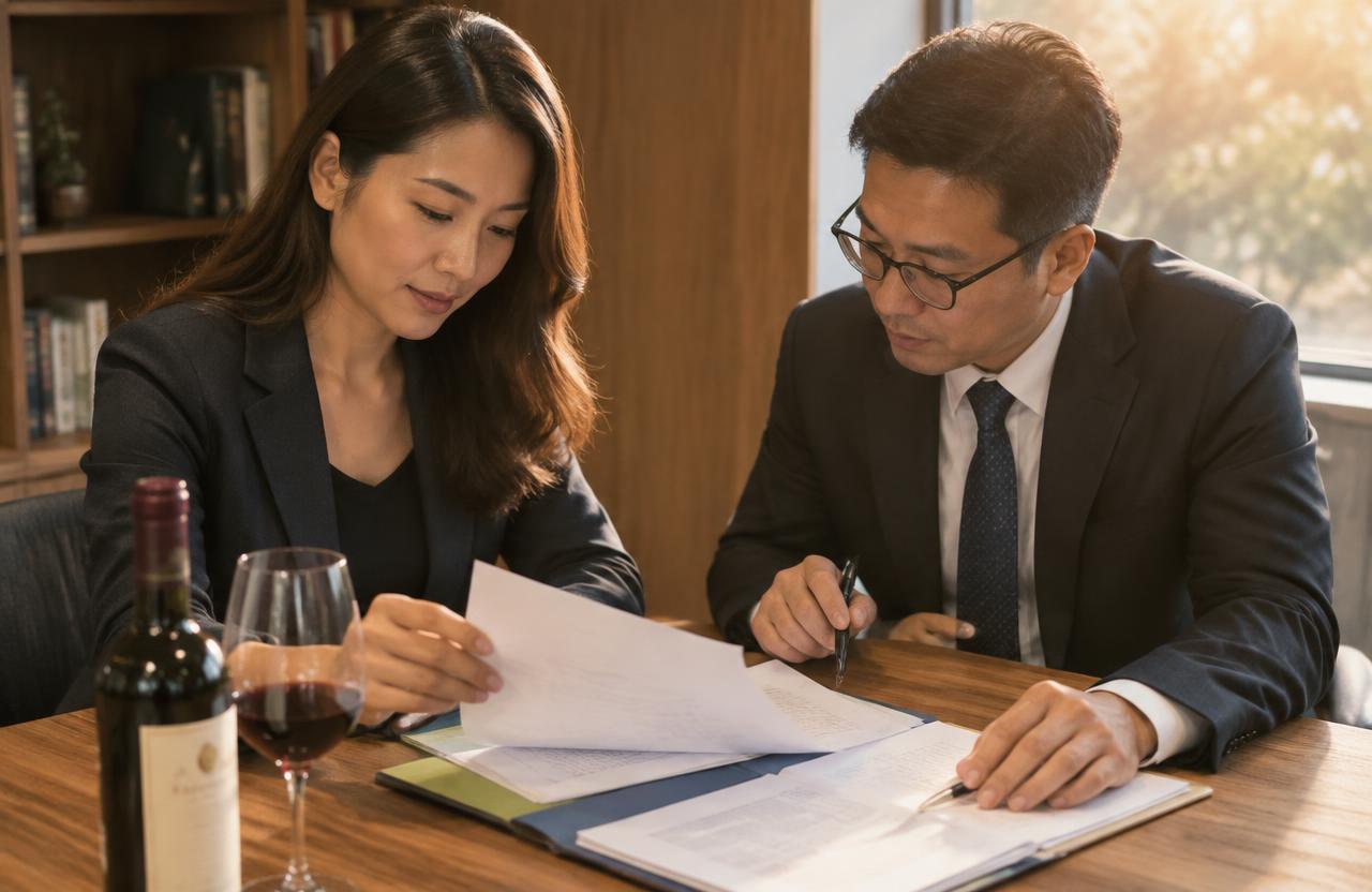 Thai wine-trade entrepreneur reviewing certified documents with a lawyer