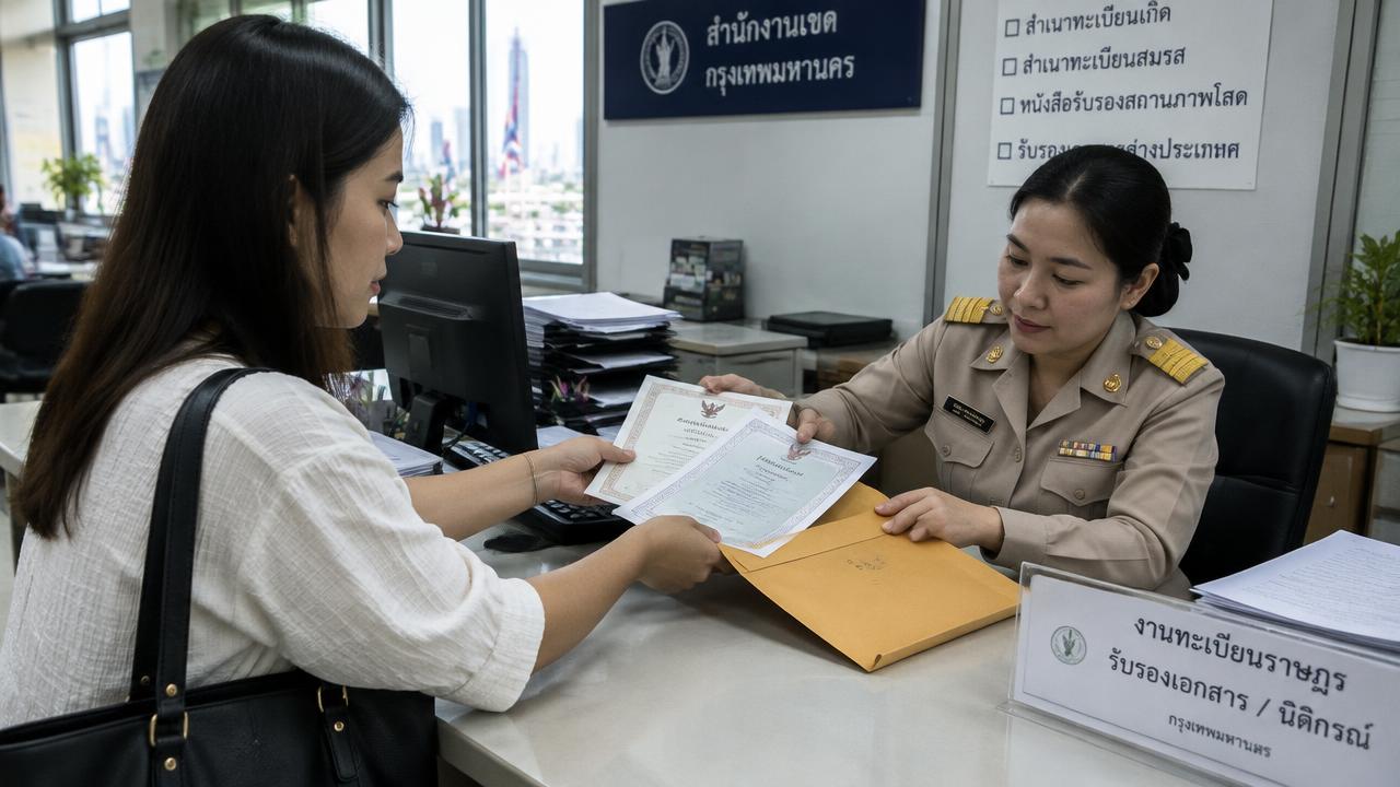 Thai woman handing over birth and single-status certificates for a marriage abroad