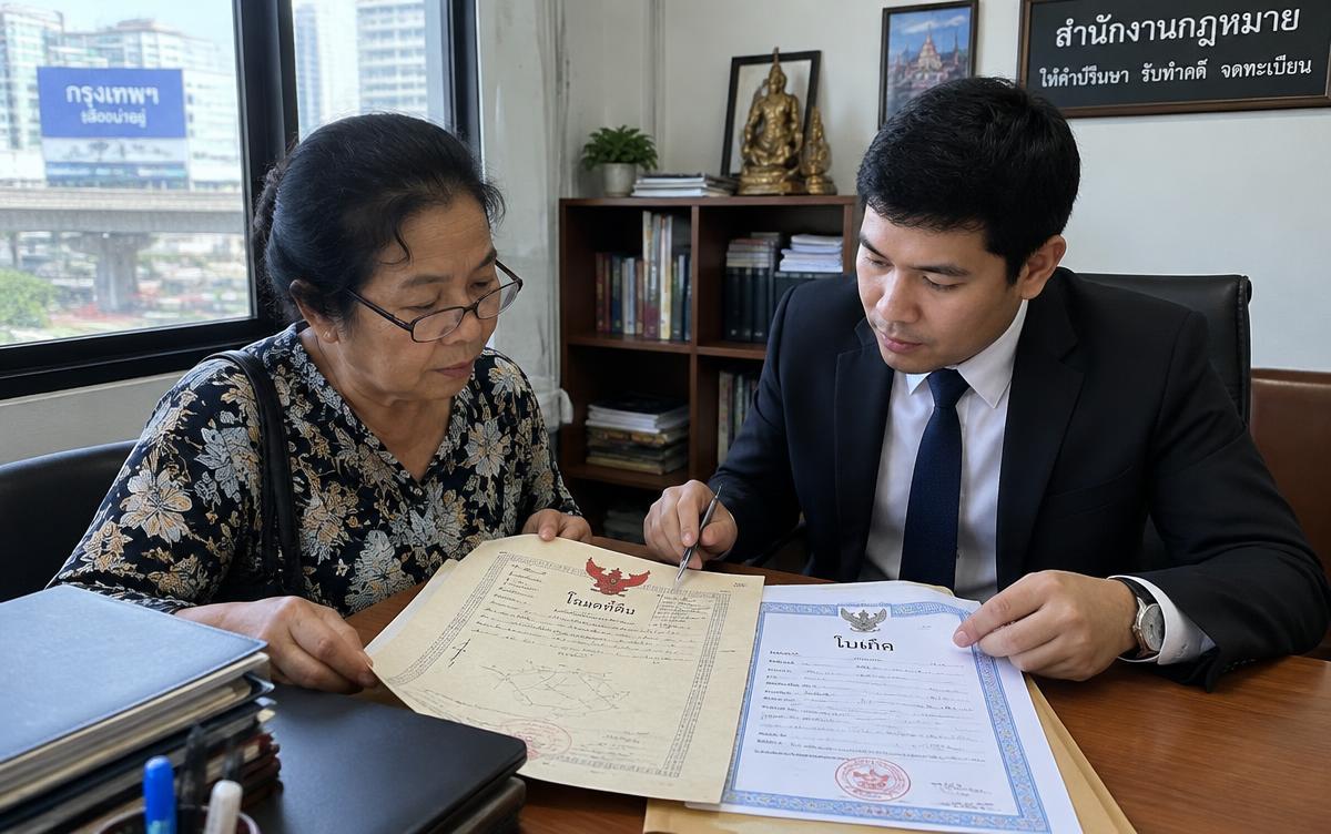 Older Thai woman reviewing a land deed and birth certificate with a lawyer for a Greece-related inheritance