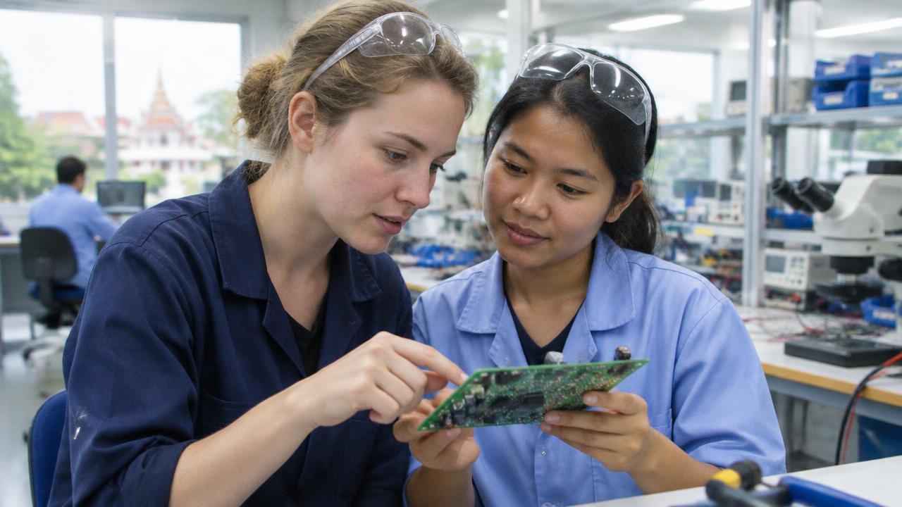 Foreign engineer and Thai colleague inspecting a circuit board in a lab