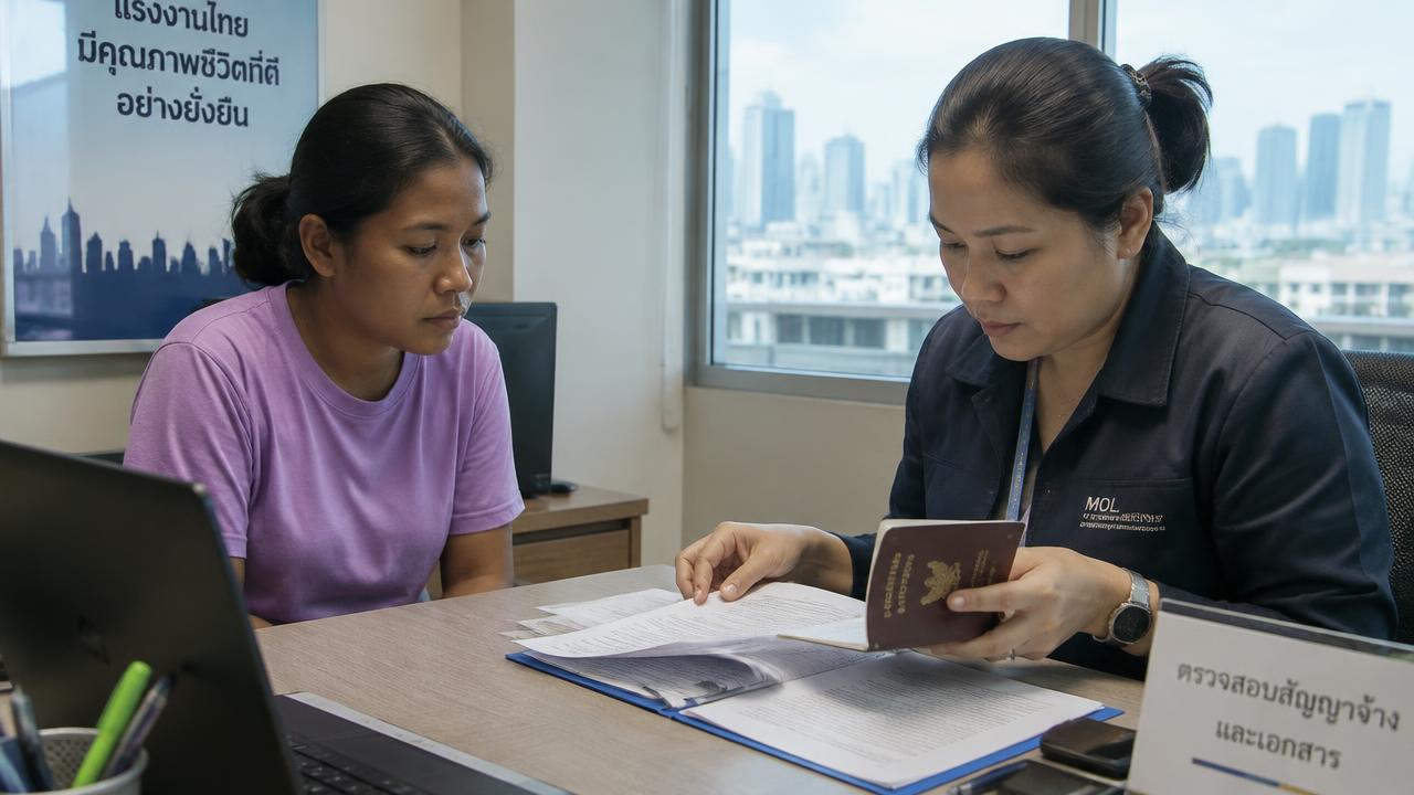 Staff checking a Thai worker's employment contract and passport before Hong Kong