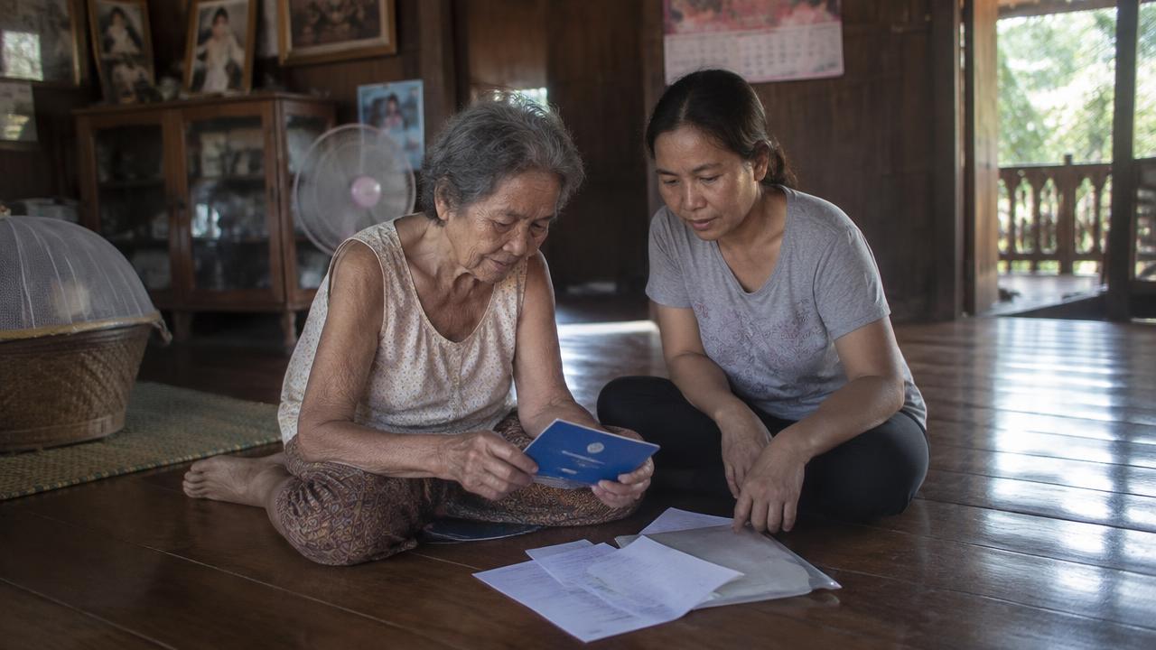 คุณยายชาวไทยกับลูกสาวนั่งบนพื้นไม้ในบ้าน เปิดดูสมุดทะเบียนบ้านเล่มสีน้ำเงินด้วยกัน