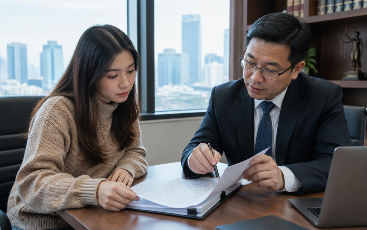 Thai woman reviewing an employment contract with a lawyer before working in Iceland