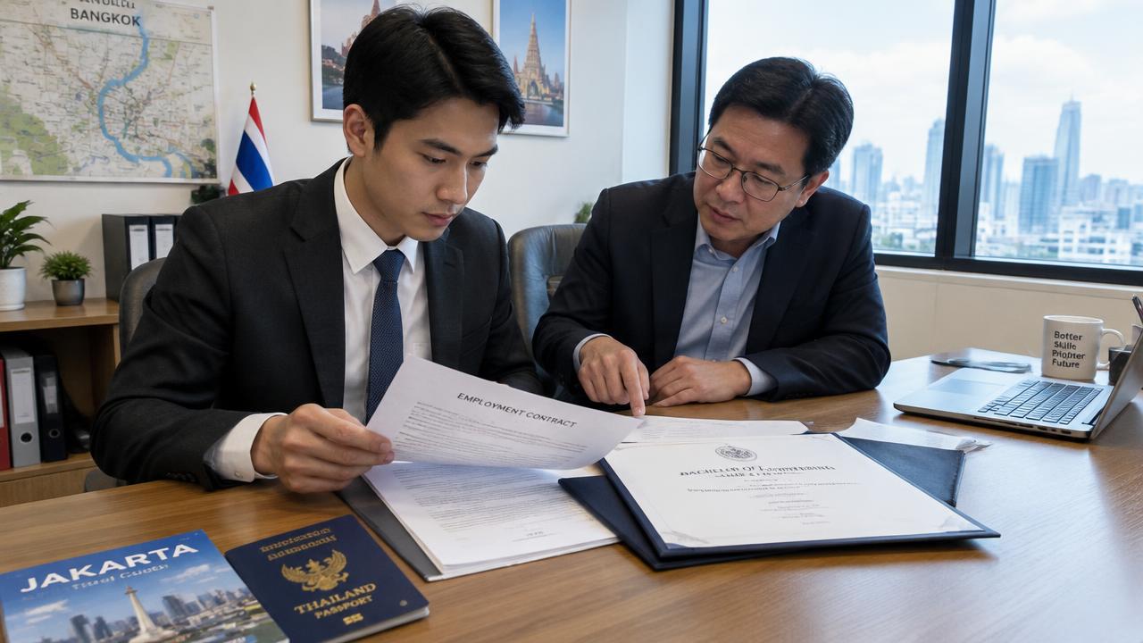 Thai engineer reviewing his contract and degree before working in Jakarta