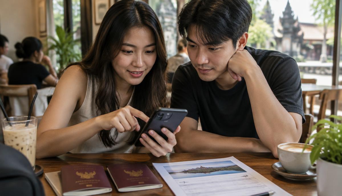 คู่รักชาวไทยตรวจ e-Visa อินโดนีเซียบนโทรศัพท์ในร้านกาแฟ