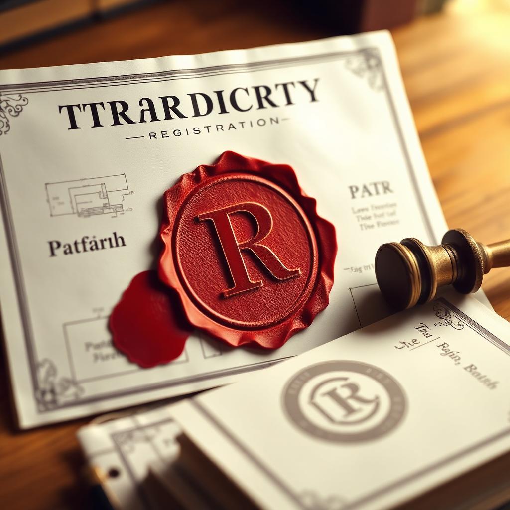 จดเครื่องหมายการค้าและสิทธิบัตร — เอกสารทะเบียน Trademark พร้อมตราครั่งสีแดงและกฎหมายทรัพย์สินทางปัญญา