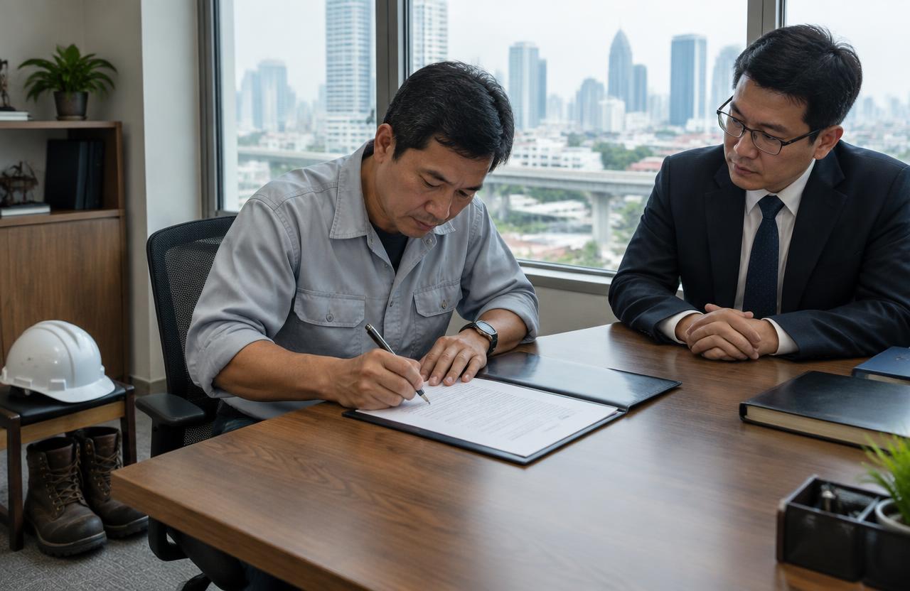 Thai technician signing a power of attorney before a lawyer