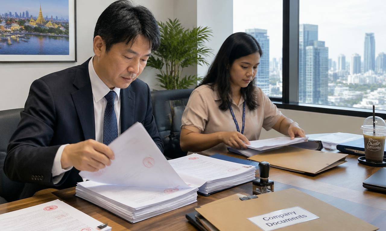 バンコクの会議室で日本人ビジネスマンとタイ人スタッフが押印済みの会社書類を仕分けている様子