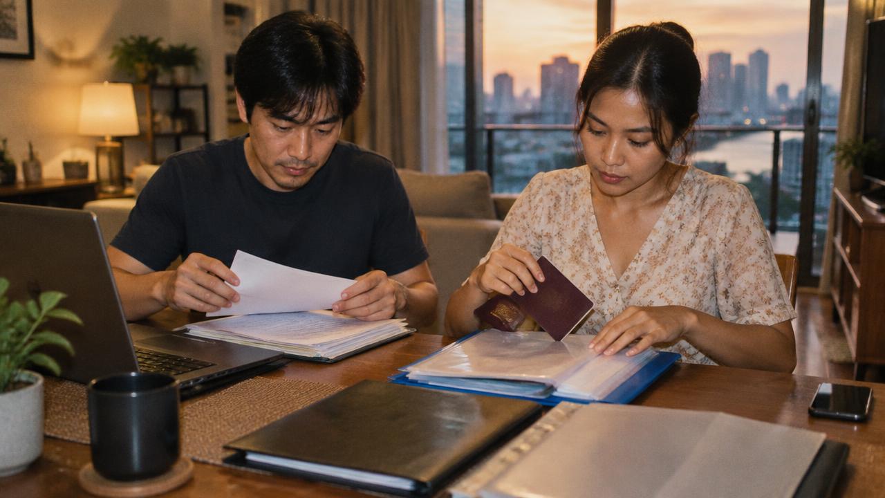 バンコクのコンドミニアムで日本人男性とタイ人女性が書類とパスポートをファイルに整理している