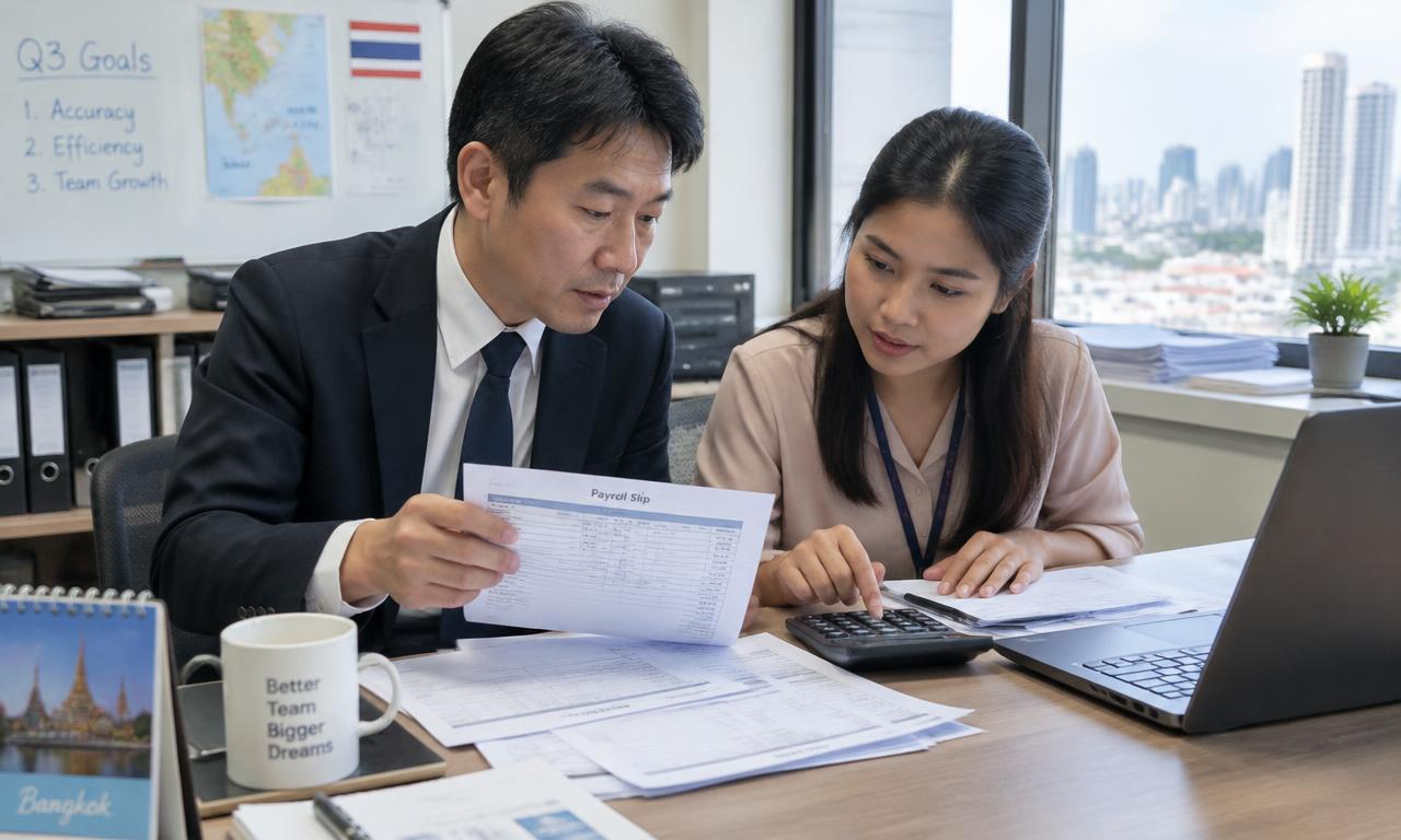 バンコクのオフィスで日本人マネージャーとタイ人会計担当者が給与明細と電卓を確認している様子