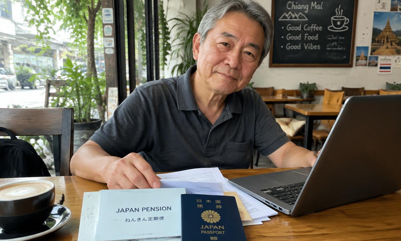 チェンマイのカフェで、日本人男性が年金の書類とパスポート、ノートパソコンを前に準備をしている様子
