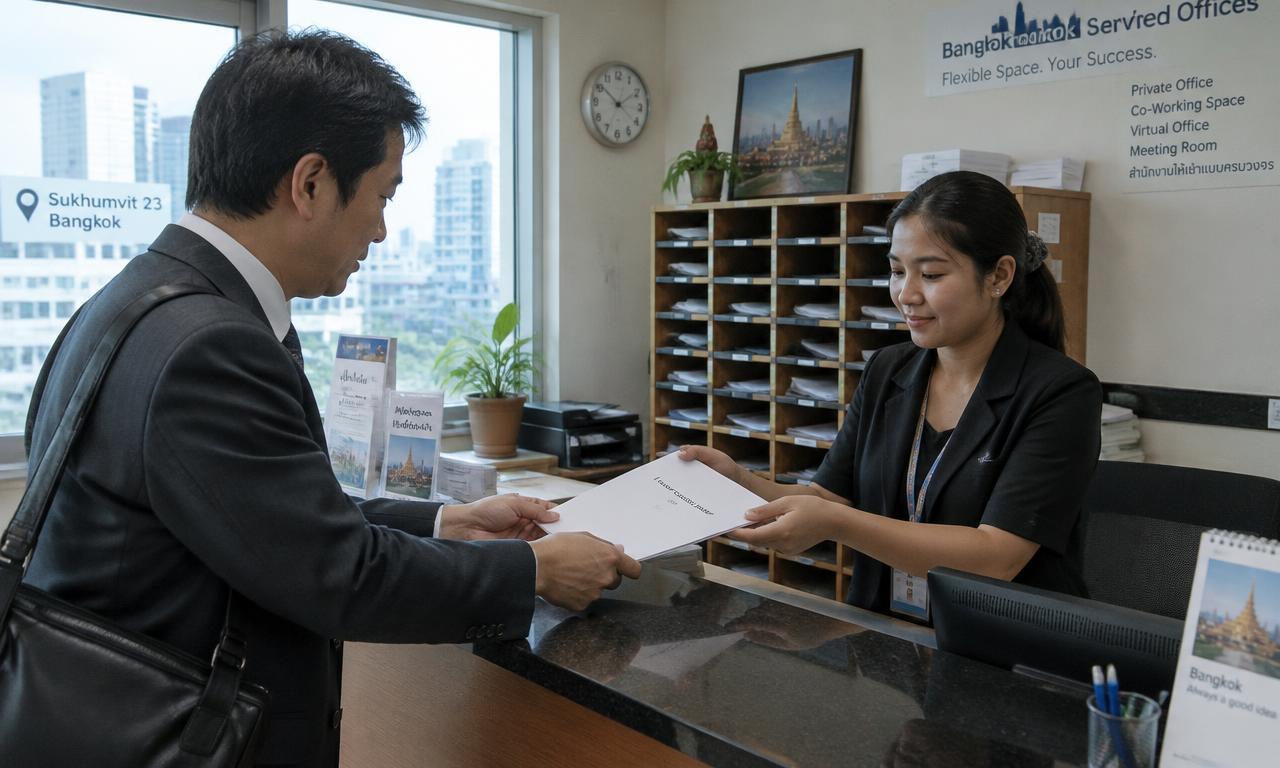 バンコクのサービスオフィス受付で、日本人男性がタイ人スタッフに住所使用承諾書を渡している様子