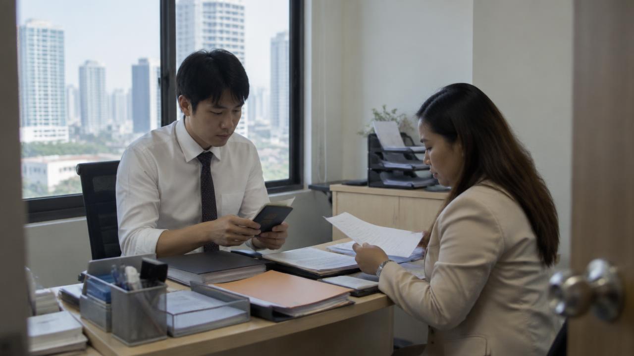 バンコクのオフィスで日本人社員とタイ人人事担当者がパスポートと書類を確認している様子