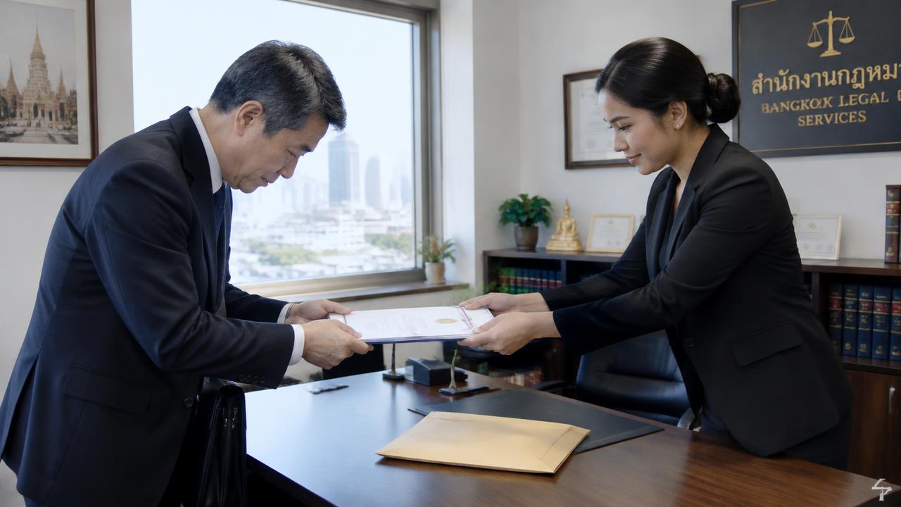 Japanese man receiving certified documents from a Thai lawyer