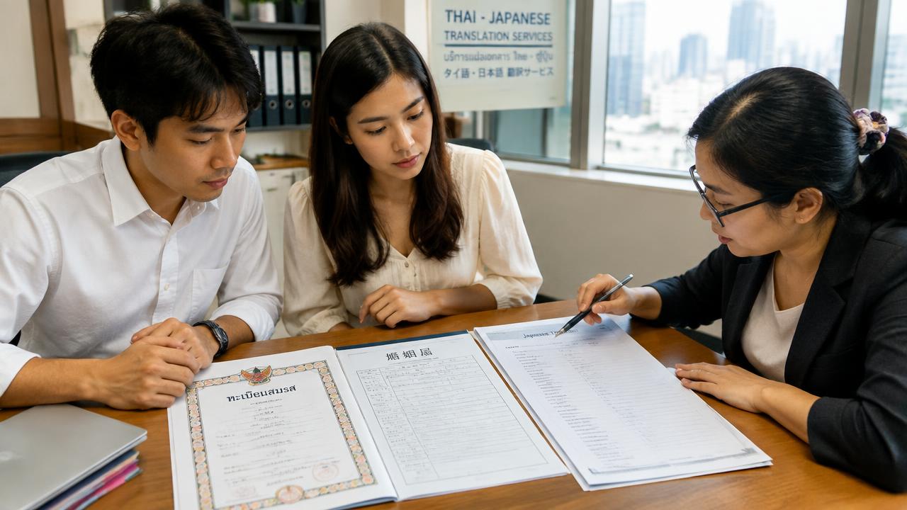 Couple comparing a Thai marriage certificate with its Japanese translation