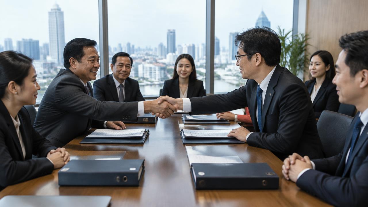 หุ้นส่วนธุรกิจชาวไทยและญี่ปุ่นจับมือกันในห้องประชุมพร้อมทีมทนายความ