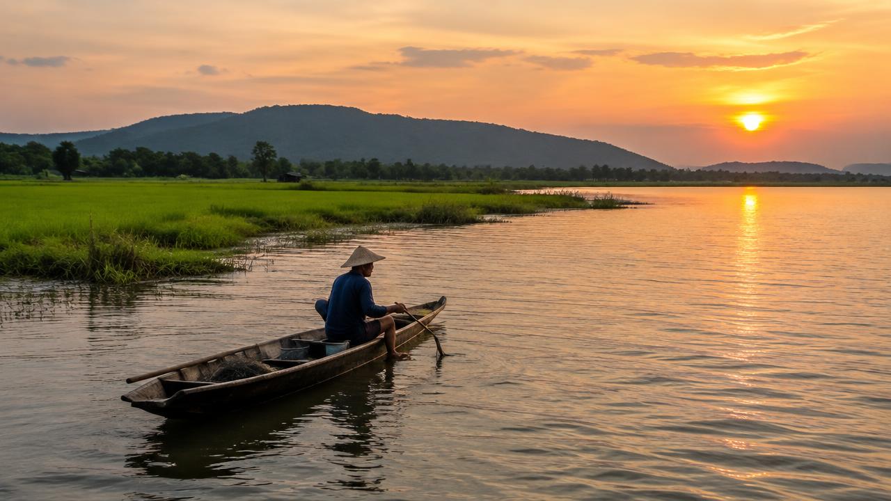 ชาวประมงพายเรือไม้บนเขื่อนลำปาวยามพระอาทิตย์ตก ริมฝั่งเป็นทุ่งนาเขียว