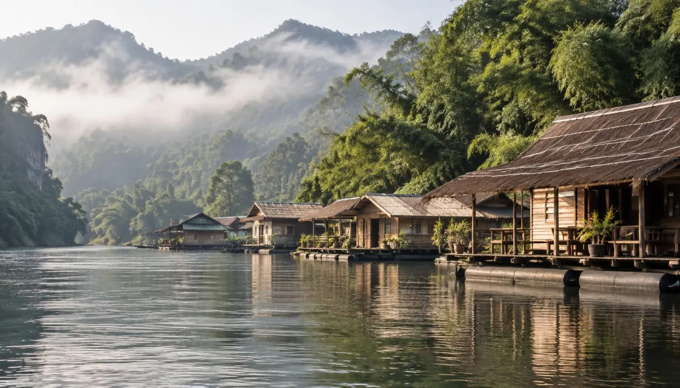 เรือนแพริมแม่น้ำ มีภูเขาและหมอกยามเช้าเป็นฉากหลัง