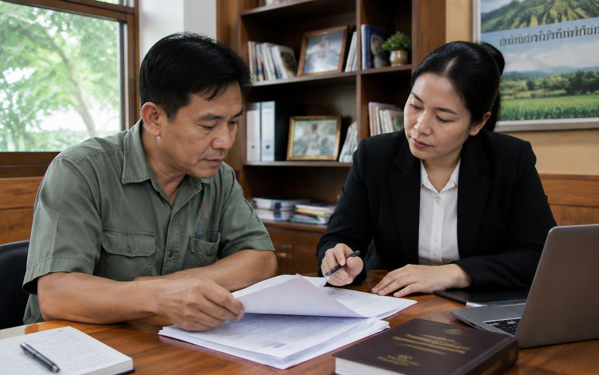 Thai agricultural expert reviewing documents with a lawyer