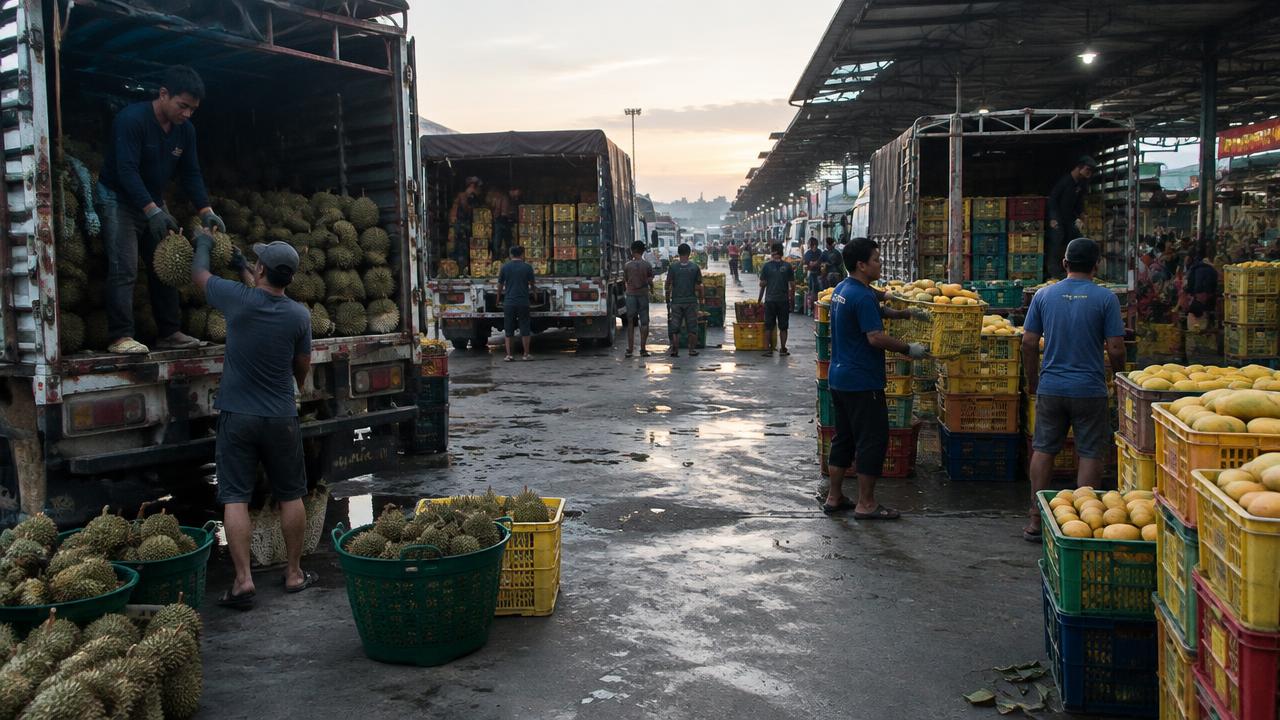 คนงานขนทุเรียนลงจากรถบรรทุกในตลาดค้าส่งผลไม้ ยามเช้ามืด