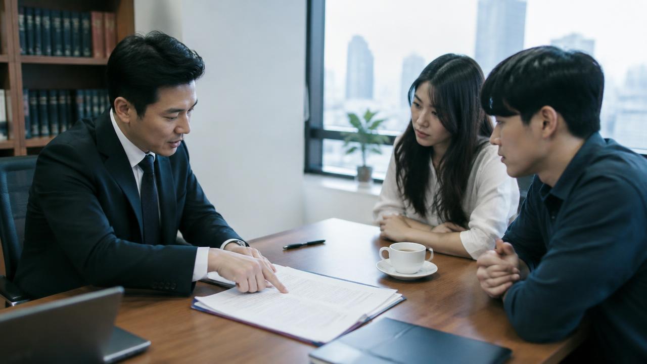 방콕 법률사무소에서 태국 변호사가 한국인 의뢰인에게 계약 조항을 설명하는 모습