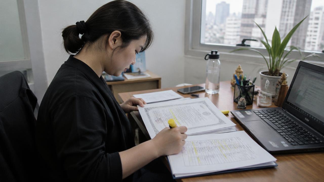 번역사가 방콕 사무실에서 가족관계증명서와 영문 번역본을 대조하는 모습