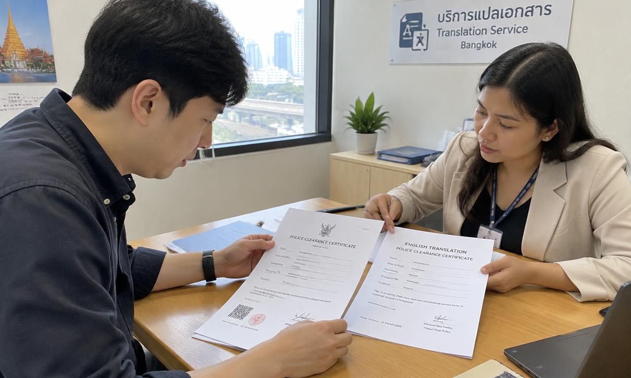 방콕 사무실에서 한국인 남성이 태국인 번역사와 범죄경력증명서 원본과 영문 번역본을 대조하는 모습