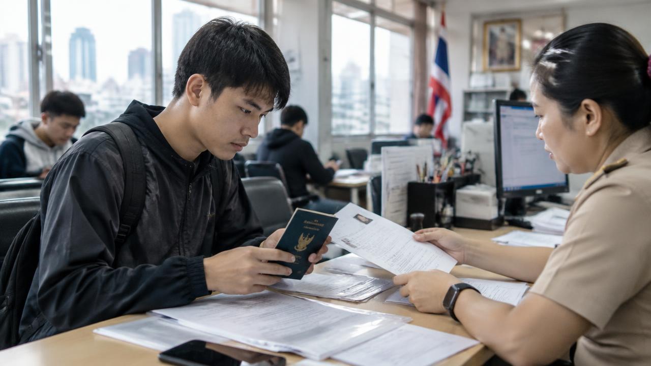 ชายไทยตรวจหนังสือรับรองความประพฤติและพาสปอร์ตก่อนไปทำงานเกาหลีใต้