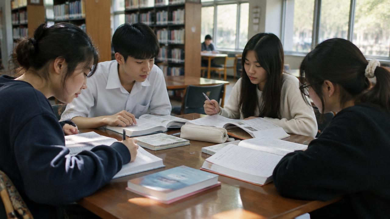 นักศึกษาไทยสี่คนนั่งติวภาษาเกาหลีด้วยกันที่โต๊ะในห้องสมุด