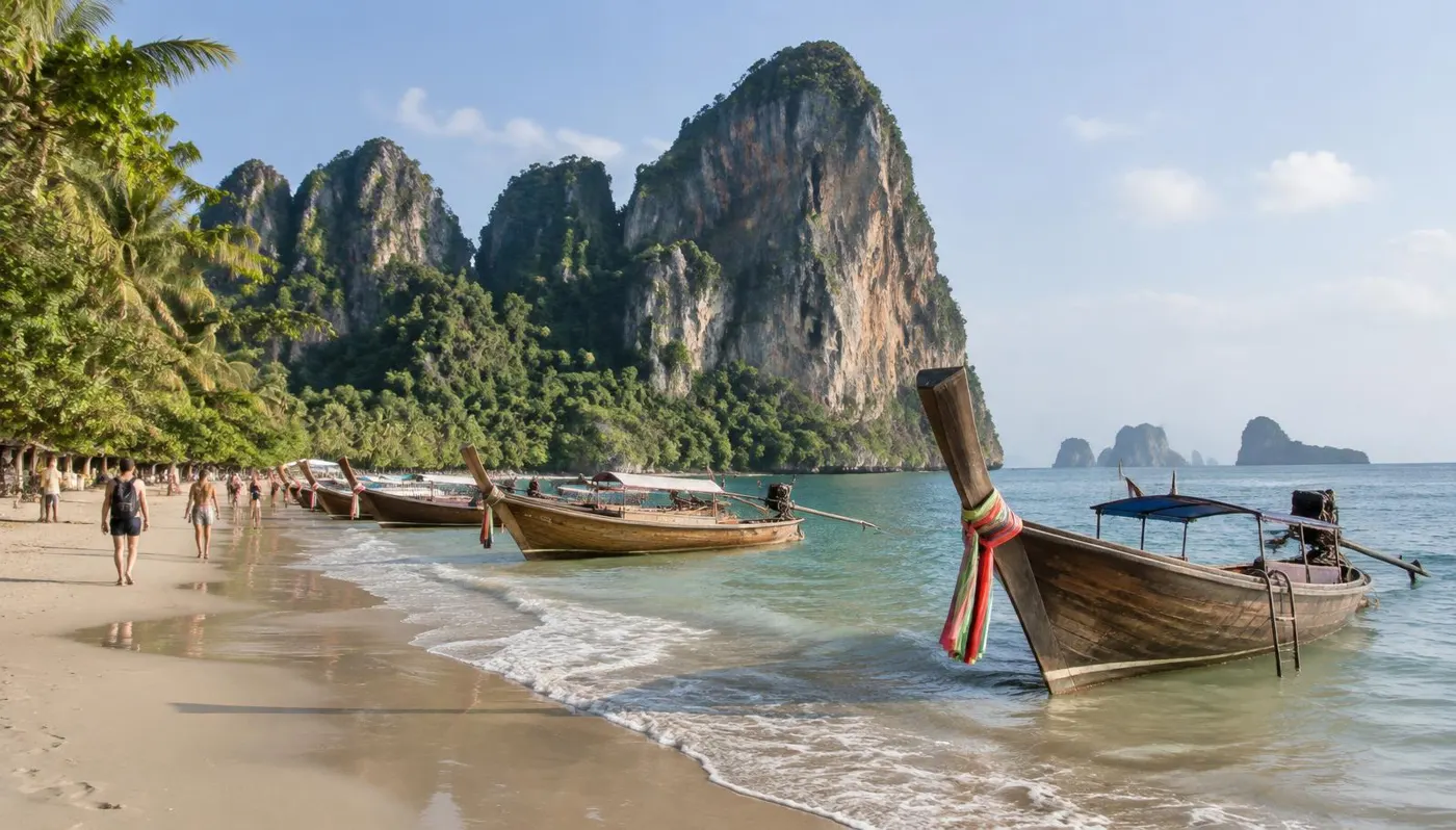 เรือหางยาวจอดริมชายหาดในกระบี่ มีหน้าผาหินปูนเป็นฉากหลัง