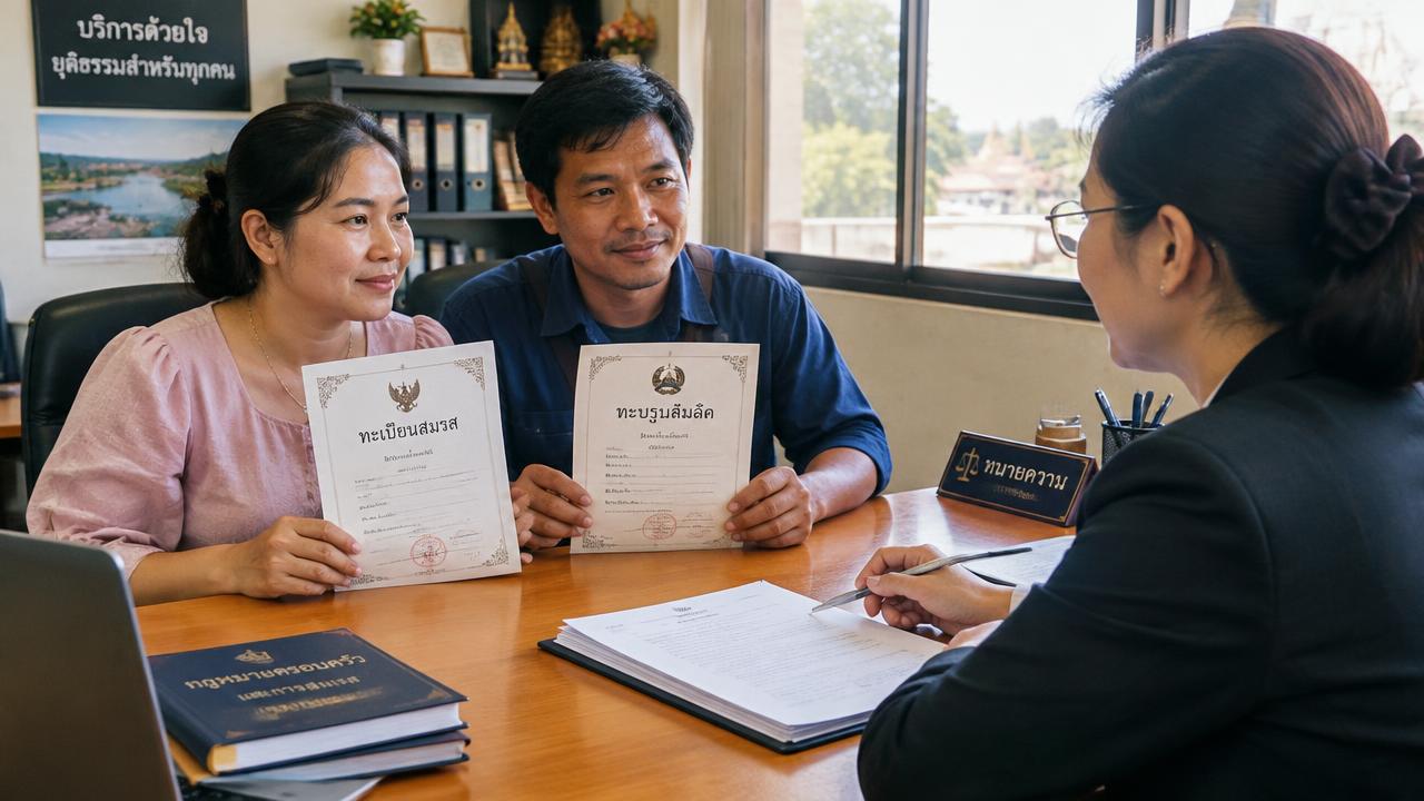 Thai-Lao couple showing marriage records from both countries to a lawyer